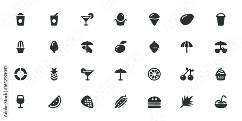 Tropical Food Icons Solid Black Vector Set – Exotic Fruits, Cocktails, and Culinary Symbols

