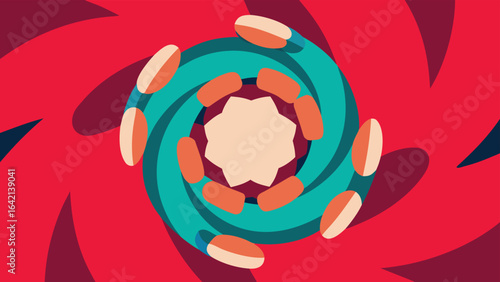 Abstract geometric artwork with stylized shapes and vibrant colors creates a unique design.