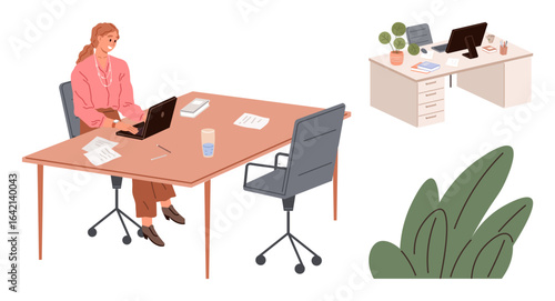 Woman sitting at a desk with a laptop, papers, and a glass of water. Nearby, a tidy workspace with a computer and papers. Ideal for teamwork, productivity, remote work, creativity organization