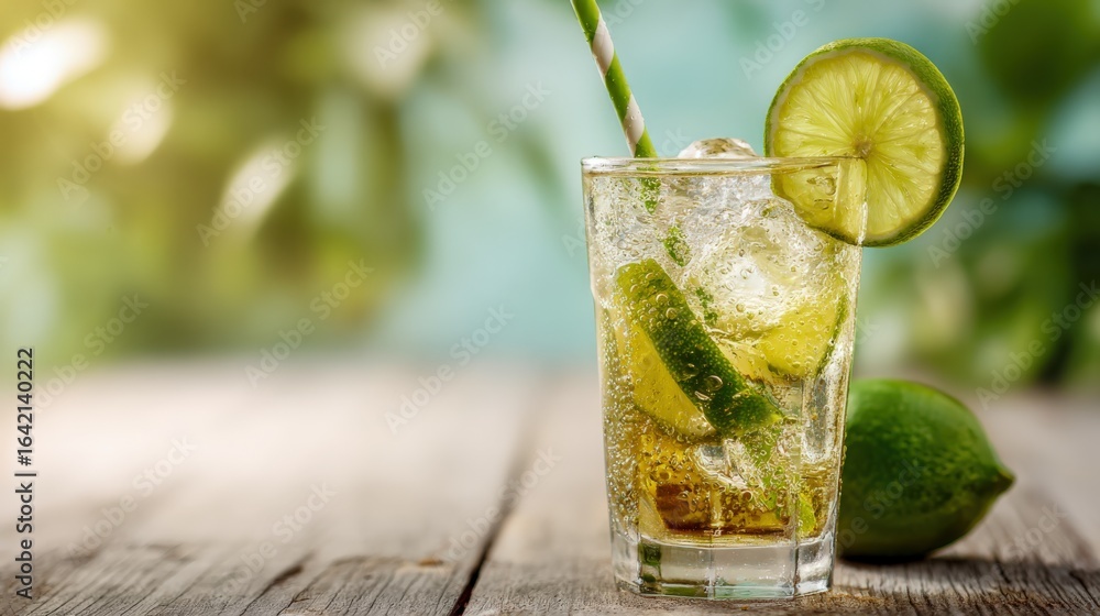Fototapeta premium Refreshing Lime Cocktail with Ice Cubes and a Straw, Served on a Wooden Table