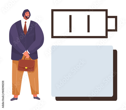 Man in suit with briefcase standing beside low battery icon. Ideal for energy, productivity, burnout, motivation, work-life balance, deadlines, corporate stress. Simple flat metaphor