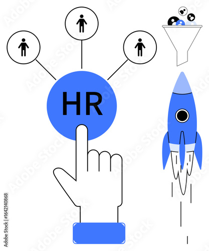 Hand selecting HR node connected to candidate profiles, recruitment funnel filtering applicants, launching rocket signifying growth. Ideal for HR, recruitment, strategy, innovation, success