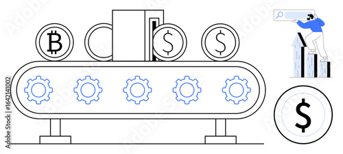 Coins labeled with cryptocurrency and dollar signs move on a conveyor powered by gears. A person inspects growth charts. Ideal for finance, trading, technology, innovation, success, investment