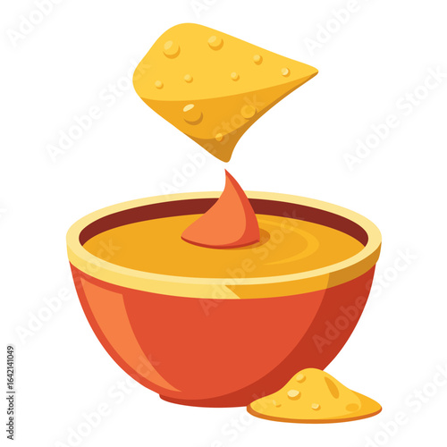 Chip Dipped into Cheese Dip Vector Minimalist Illustration on White Background