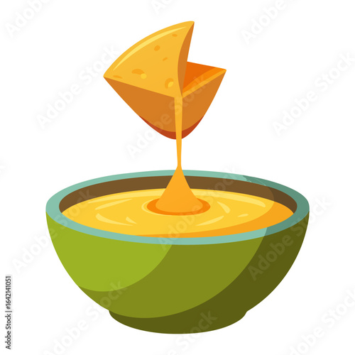 Chip Dipped into Cheese Dip Vector Minimalist Illustration on White Background