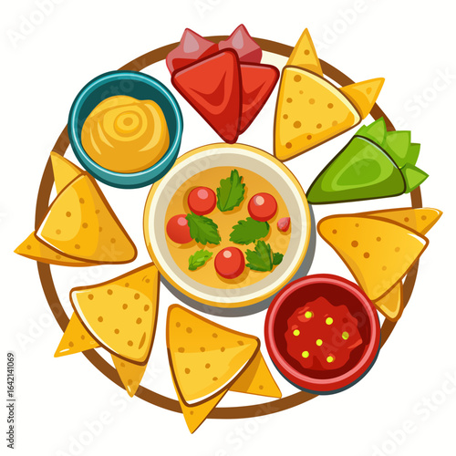 Variety of Chips with Salsa Dip Vector Illustration on White Background