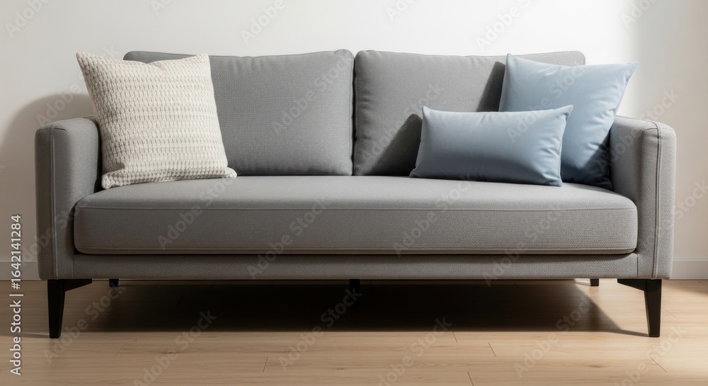 Fototapeta premium Modern grey sofa with decorative pillows on wood floor