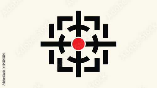 Abstract geometric composition featuring a red dot centered within black and white elements