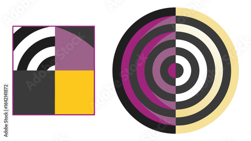 Abstract geometric composition featuring bold shapes and symmetrical circle segment design