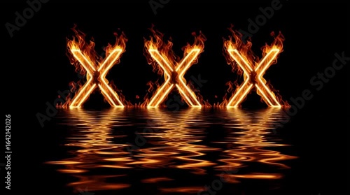 XXX Triple X - Three X's written in flame type - text blazes in flaming letters, with fiery age restricted, dark background; animated text graphics. Warning title sign. Widescreen 16:9