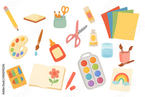 Art supplies collection with paint palette, watercolor set, crayons, glue, scissors, pencils, paper, and brushes in cute colorful style for kids education