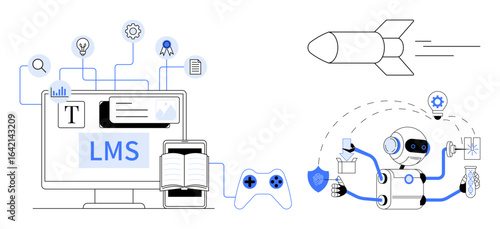 Computer screen with LMS interface, open book, gaming controller, robot with tools, and rocket. Ideal for education, automation, AI innovation e-learning gamification research. Simple flat