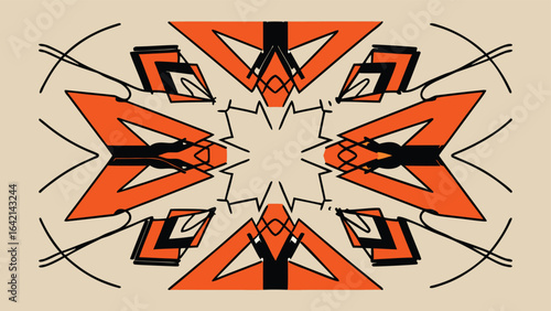 Abstract geometric composition featuring symmetrical shapes in orange and black over beige