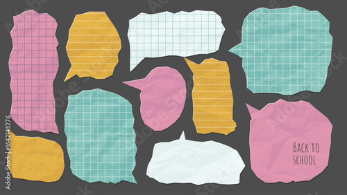 Set of speech bubbles torn out of crumpled paper. Dialog Stickers with jagged edges. Grid and striped notebook sheets. Mixed media Vector illustration.