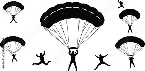 Skydiving silhouette, parachute jump, group of skydivers, freefall pose, parachutist landing, extreme 
