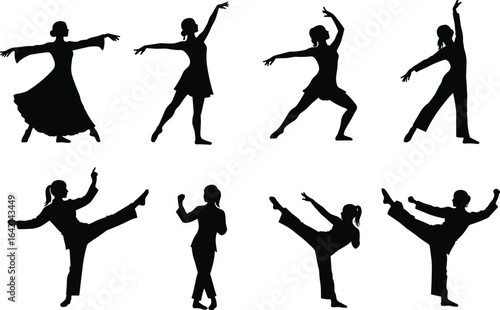 Female dancer silhouette, martial arts woman, elegant pose vector, dancing girl shadow, karate kick clipart, modern dance figure