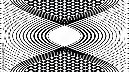 Abstract geometric composition in black and white featuring striking patterns and shapes