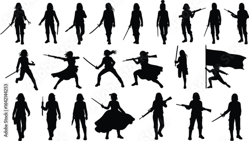 PrintStrong women silhouettes with swords and guns, warrior female poses, combat stance, rebel girls, female fighters vector illustration set