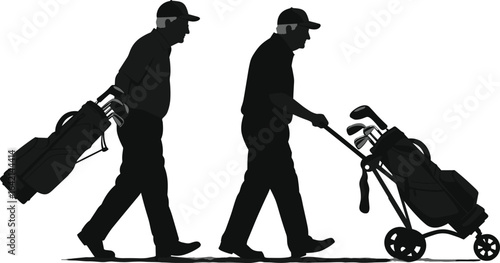 PrintSenior man walking, golf silhouette, carrying golf bag, pulling golf cart, golfing, outdoor sport, leisure activity, golf clubs, elderly golfer