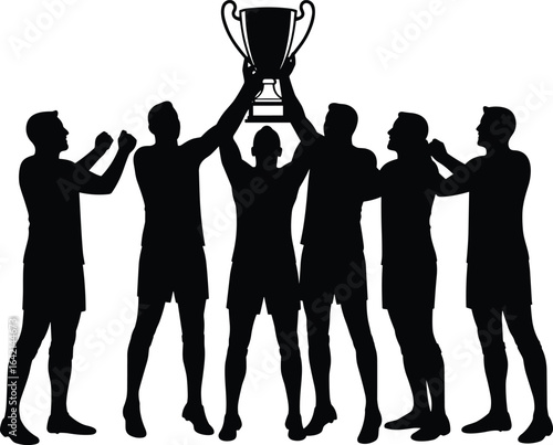 team celebrating victory, sports champions, group holding trophy, winning moment, athletic success, teamwork celebration, competition winners, silhouette vector