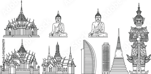 Thai temple architecture, Buddha statues, Thai guardian figure, Wat temple illustrations, Buddhist art, Thailand landmarks, traditional Thai buildings
