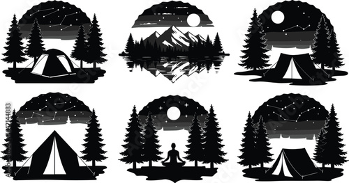 Night camping silhouettes, tent under stars, forest campsite, mountain view, moonlight camping, stargazing scene, nature retreat, outdoor illustration set