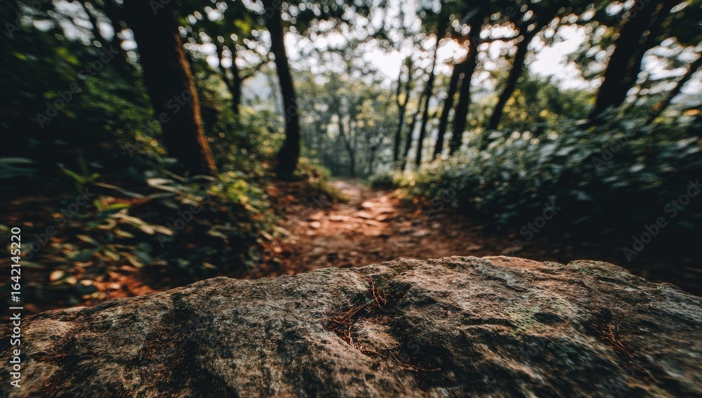 Naklejka premium Rocky outcrop at the edge of a woodland path.