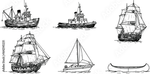 PrintVintage boat illustrations, sailing ship drawings, tugboat sketch, fishing boat vector, old ships, canoe hand-drawn, sailboat clipart, maritime art