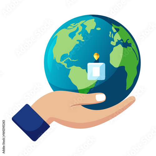 Hand Holding Glowing Earth with Light Switch Turned Off Symbolizing Earth Hour Isolated on White Background