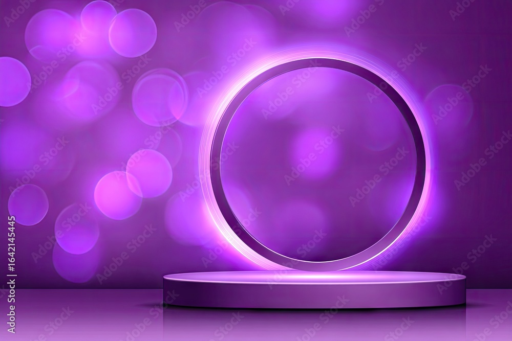 Fototapeta premium Purple circular stage with glowing ring.