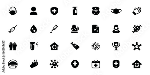 Disease Prevention Icons Solid Black Vector Pack – Hygiene, Outbreak Response, and Public Health Safety Symbols

