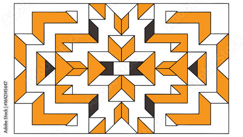 Abstract geometric composition of orange white and black shapes in repeating pattern