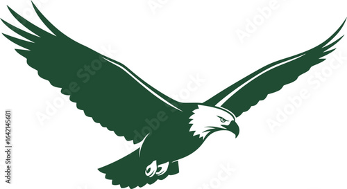 Majestic bald eagle soaring in flight, dark green predatory bird silhouette, powerful raptor mascot vector illustration for sports logos and branding