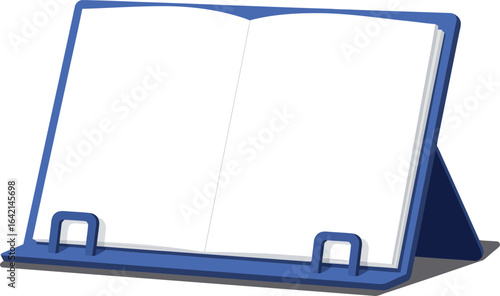 Open book on blue bookstand vector illustration with shadow and blank pages for reading or study purposes 