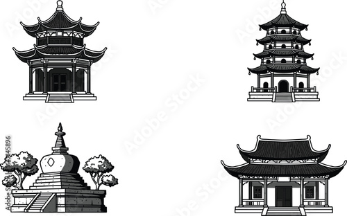PrintAsian architecture silhouette set, pagoda, stupa, pavilion illustrations, traditional temple structures, cultural landmark vector, black heritage design