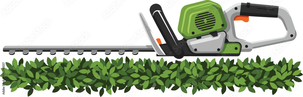 Fototapeta premium Hedge trimmer cutting green leaves gardening tool vector illustration landscape orientation