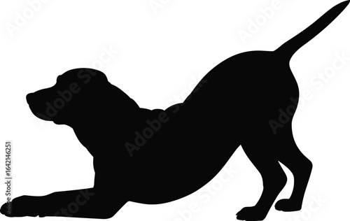 Playful dog silhouette, stretching puppy pose, excited canine vector, tail up illustration, pet behavior clipart, black animal icon, minimal dog design