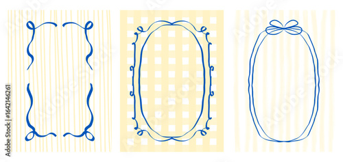 Set for wedding or birthday invitations, greeting cards, party decor, vector designs. Elegant hand-drawn ribbon and bow frames in vintage coquette style on yellow striped and checkered background.
