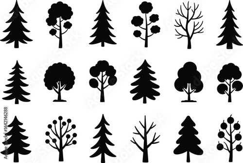 PrintTree silhouette collection, diverse tree shapes, coniferous and deciduous forms, botanical vector set, bare and leafy branches, nature illustration, forest design elements
