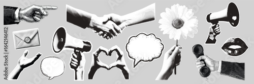A set of balck and white cut out elements of a halftone collage. Contemporary minimalistic marketing and business style. Ready to use elements for your designs.s