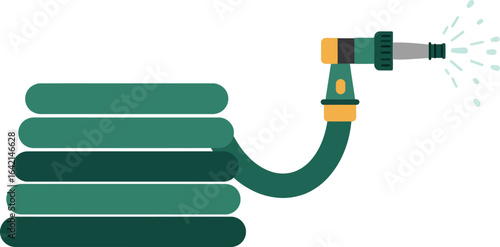 Garden hose with adjustable spray nozzle watering plants in minimalistic vector illustration