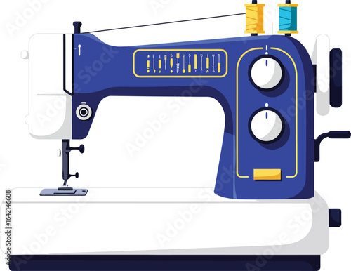 Blue Sewing Machine Vector Illustration for Tailoring and Crafting Projects with Thread Spools and Adjustment Knobs 