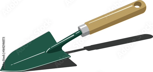 Garden hand trowel with wooden handle and green metal scoop for planting and digging tasks vector illustration 