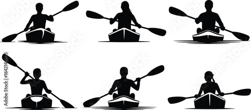 Kayaker silhouette set, six paddling poses, front view illustration, water sport vector, dynamic motion artwork, outdoor adventure concept, minimal style design