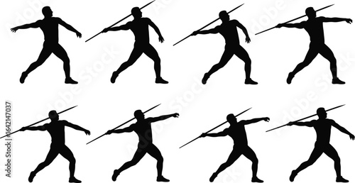 Javelin throw silhouette sequence, athletic motion stages, sports technique illustration, vector artwork, dynamic pose set, track and field training, minimal style design