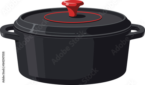 Black cast iron cooking pot with red lid knob kitchenware vector illustration 