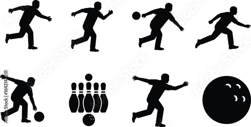 Bowling action silhouette set, vector illustration of players, ball and pins, sport poses, indoor game concept, recreational activity, competitive bowling design