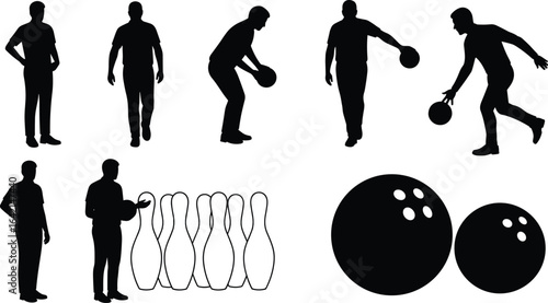 PrintBowling silhouette set, vector icons of players, bowling ball and pins, sport action poses, recreational game illustration, competitive indoor activity design