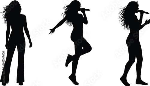 Singer silhouette illustration, dynamic microphone poses, performing artist vector, music expression, stage presence, concert vibe, entertainment design for pop, rock, jazz, and dance