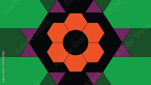 Abstract geometric composition with symmetrical floral pattern and bold color scheme
